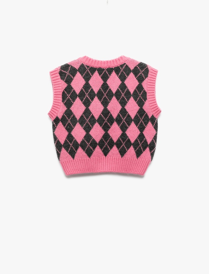 Kız Çocuk Baklava Desenli V Yaka Yumuşak Dokulu Süveter