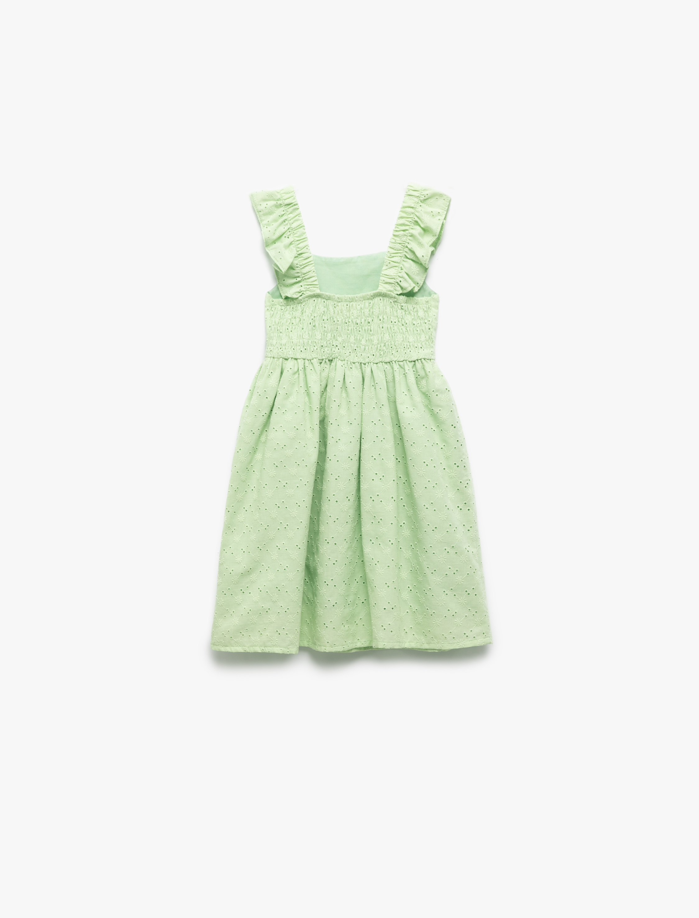  Kız Çocuk Pamuklu Fırfırlı Kare Yaka Brodeli Askılı Elbise