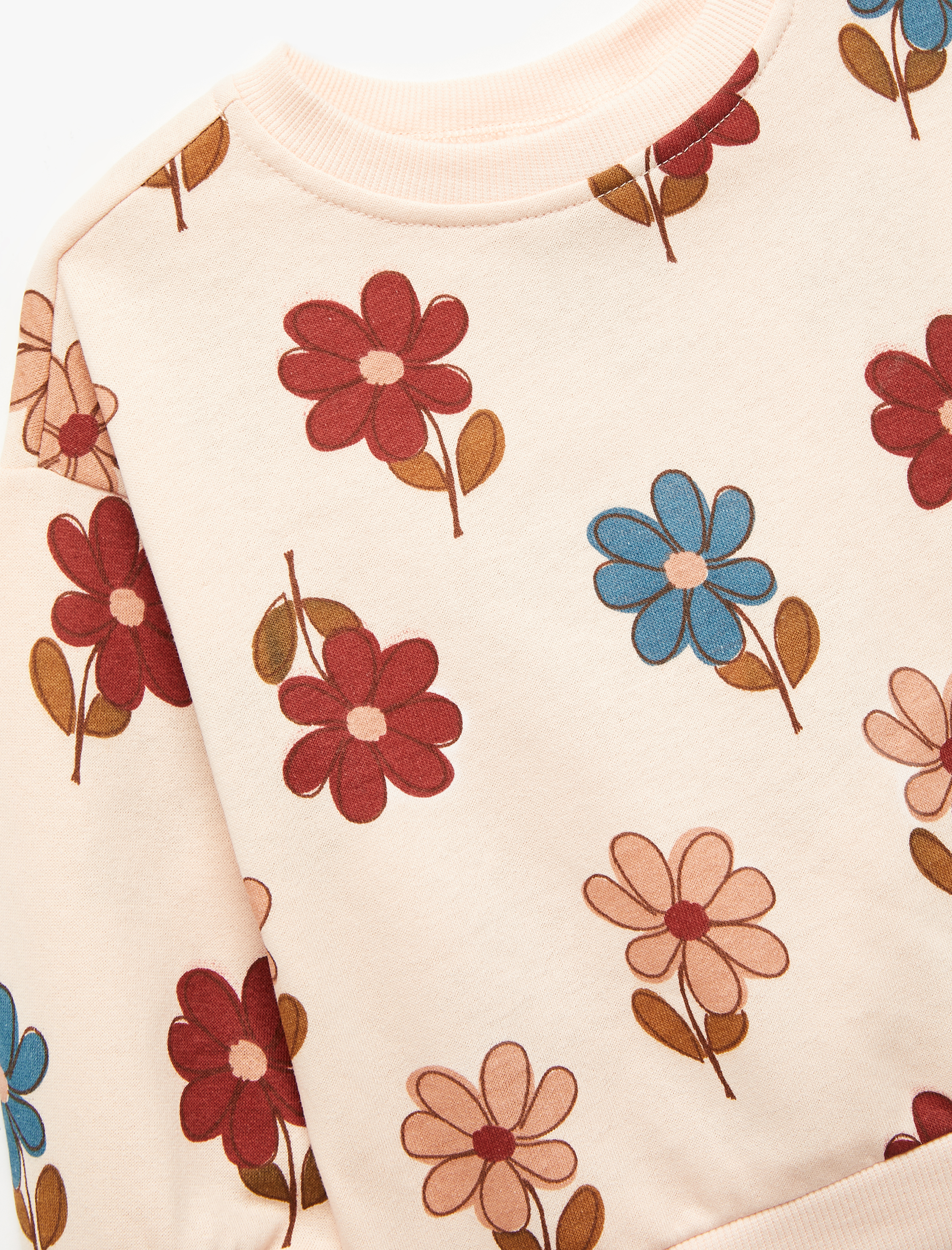  Kız Bebek Çiçek Desenli Uzun Kollu Bisiklet Yaka Sweatshirt