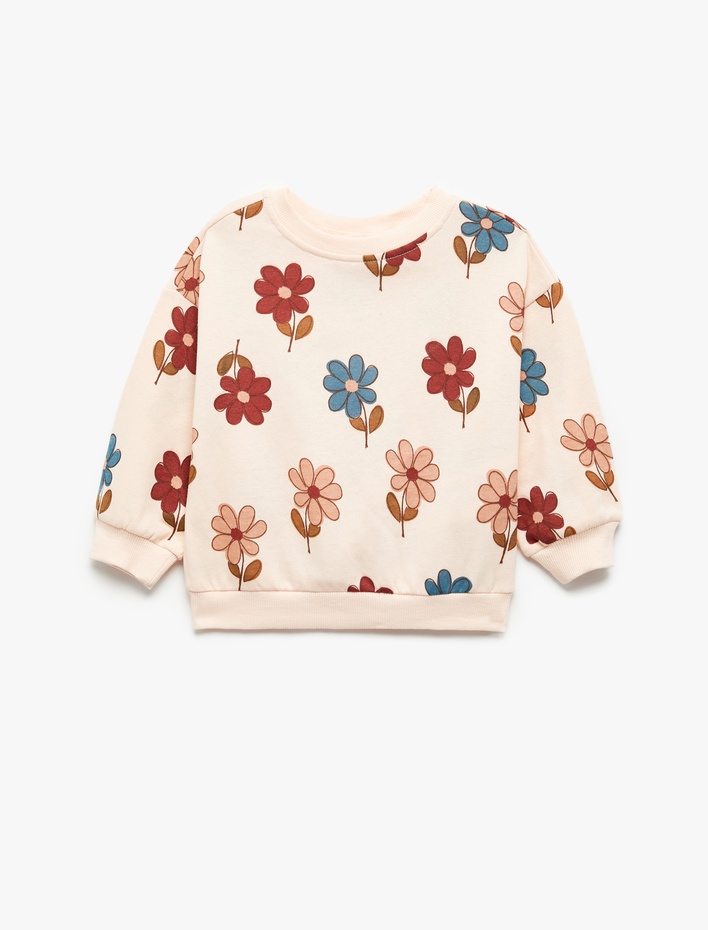 Kız Bebek Çiçek Desenli Uzun Kollu Bisiklet Yaka Sweatshirt