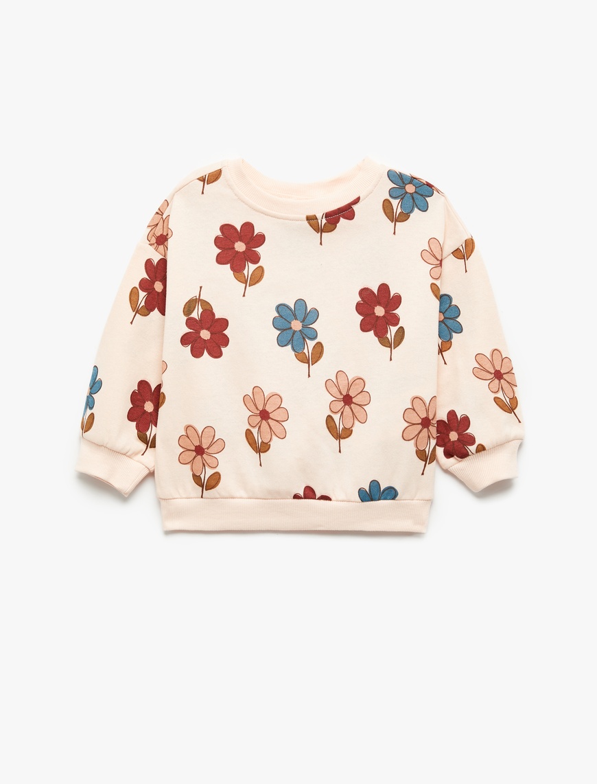  Kız Bebek Çiçek Desenli Uzun Kollu Bisiklet Yaka Sweatshirt