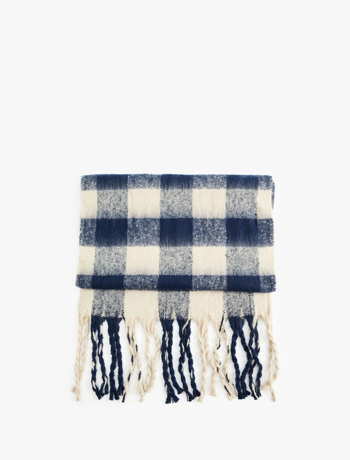 Kadın Yumuşak Dokulu Püsküllü Ekoseli Uzun Atkı