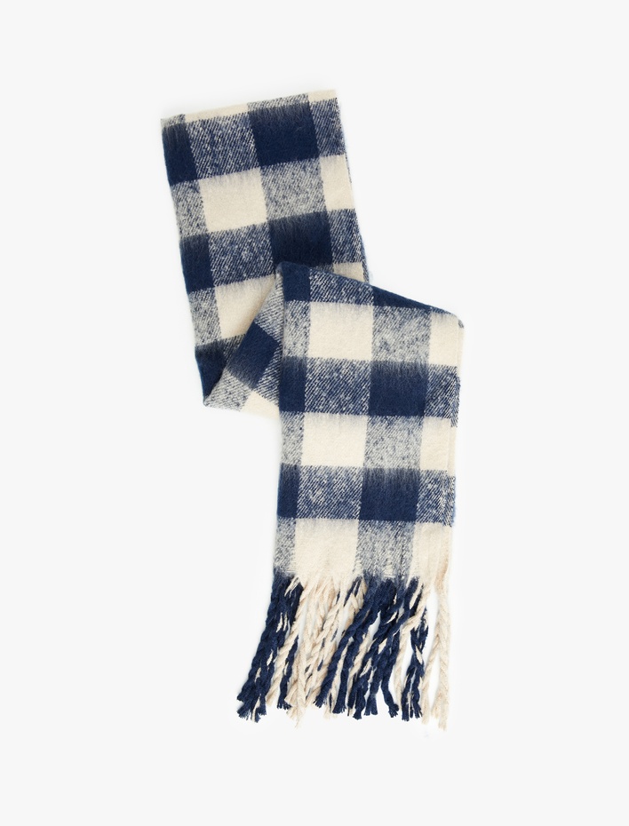 Kadın Yumuşak Dokulu Püsküllü Ekoseli Uzun Atkı