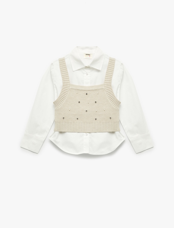 Kız Çocuk Süveter Detaylı Uzun Kollu Pamuklu Gömlek