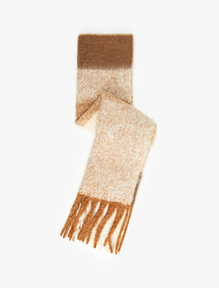 Kadın Püsküllü Yumuşak Dokulu Renk Bloklu Uzun Atkı