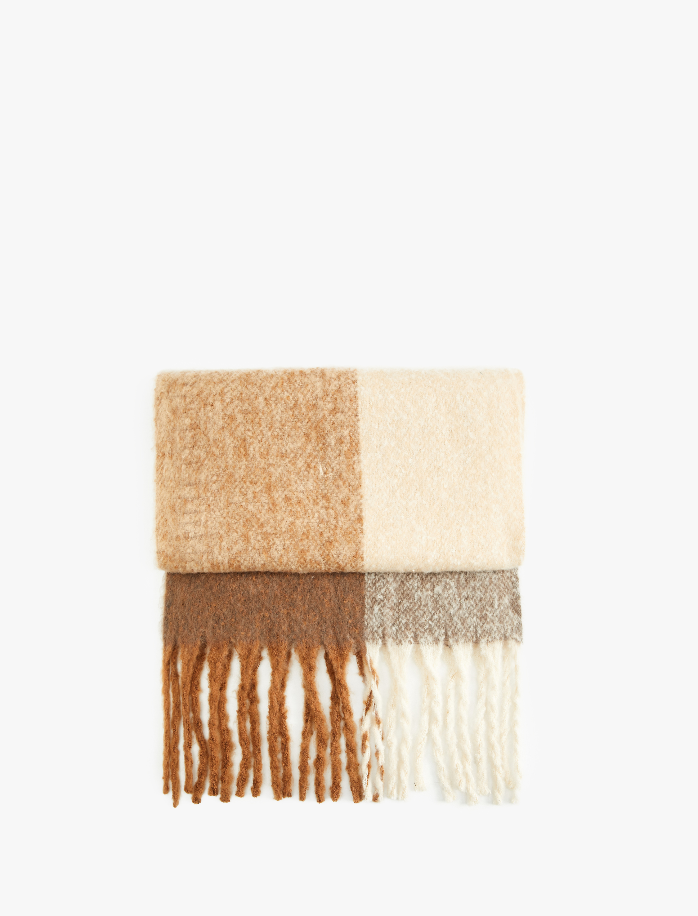  Kadın Püsküllü Yumuşak Dokulu Renk Bloklu Uzun Atkı