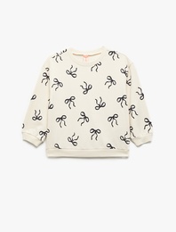 Fiyonk Baskılı Uzun Kollu Bisiklet Yaka Pamuklu Sweatshirt