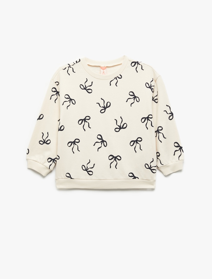 Kız Bebek Fiyonk Baskılı Uzun Kollu Bisiklet Yaka Pamuklu Sweatshirt