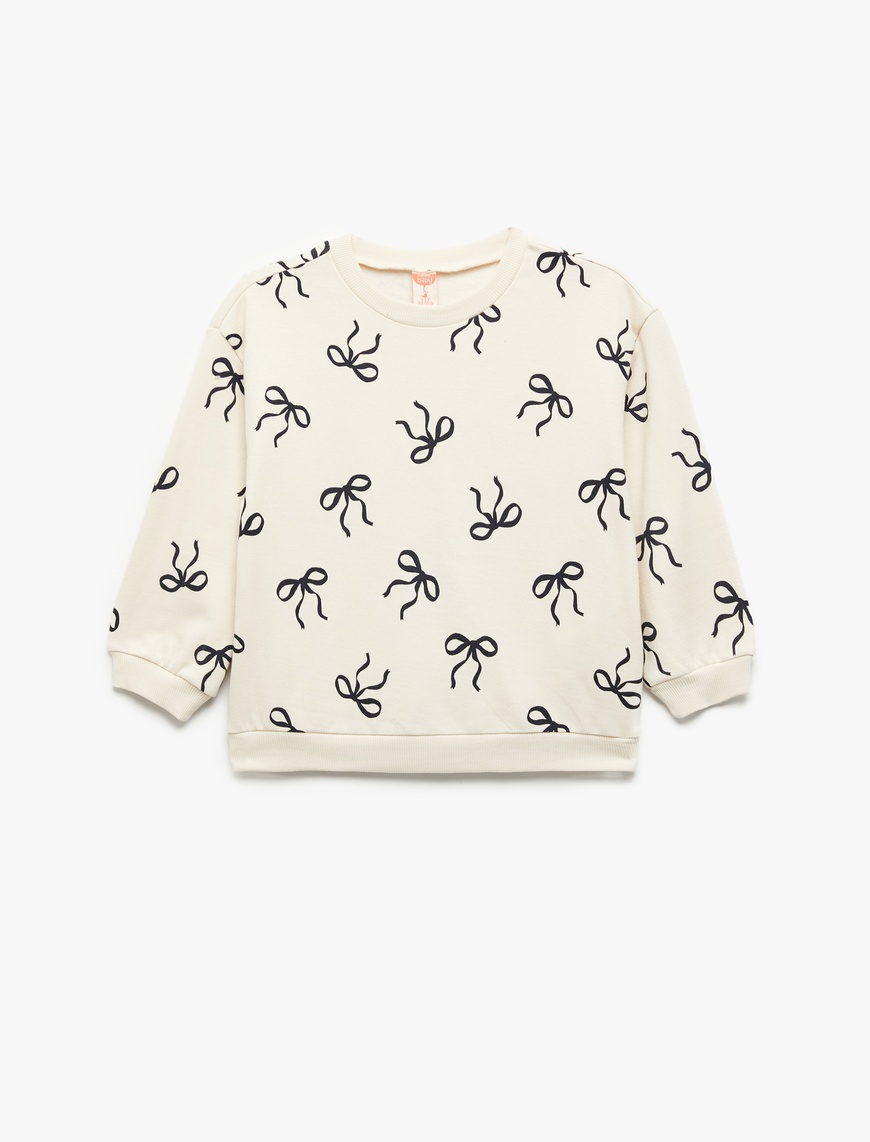  Kız Bebek Fiyonk Baskılı Uzun Kollu Bisiklet Yaka Pamuklu Sweatshirt