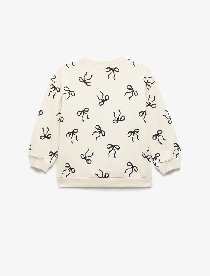 Kız Bebek Fiyonk Baskılı Uzun Kollu Bisiklet Yaka Pamuklu Sweatshirt