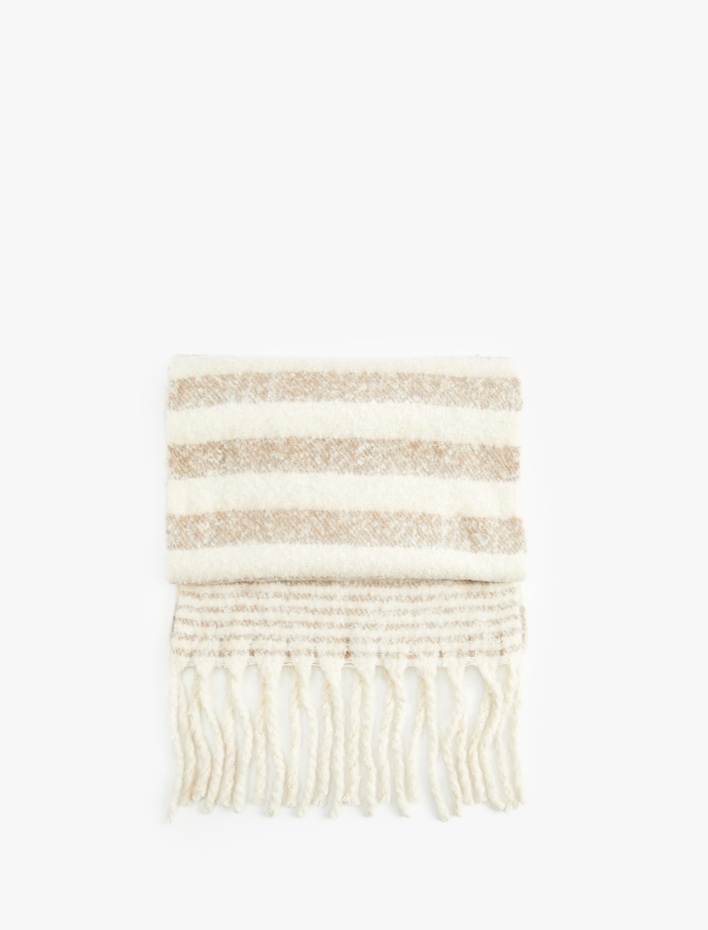 Kadın Çizgili Yumuşak Dokulu Püsküllü Uzun Atkı