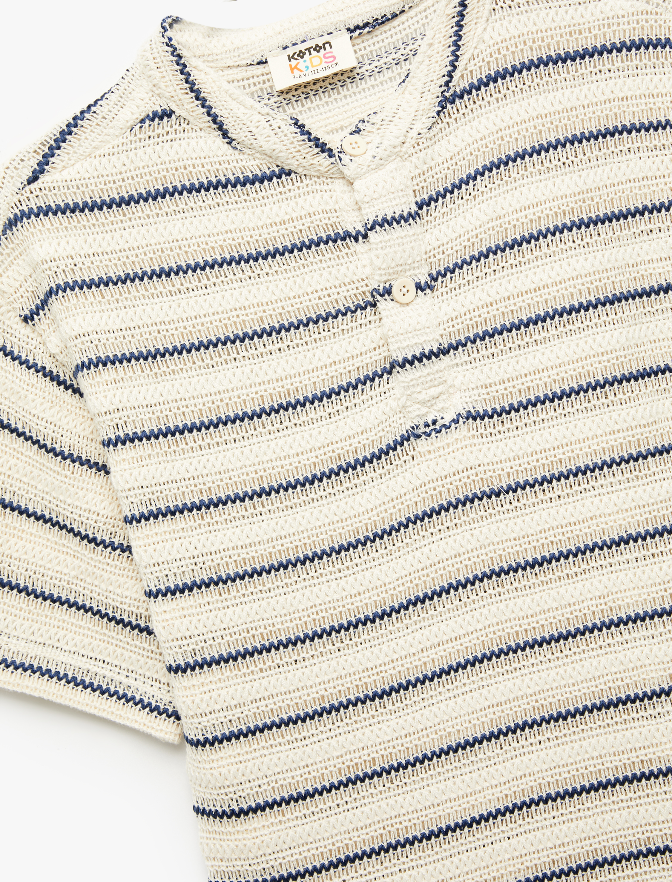  Erkek Çocuk Düğmeli Yuvarlak Yaka Kısa Kollu Triko Çizgili Tişört