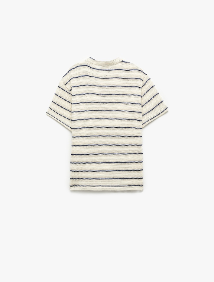 Erkek Çocuk Düğmeli Yuvarlak Yaka Kısa Kollu Triko Çizgili Tişört