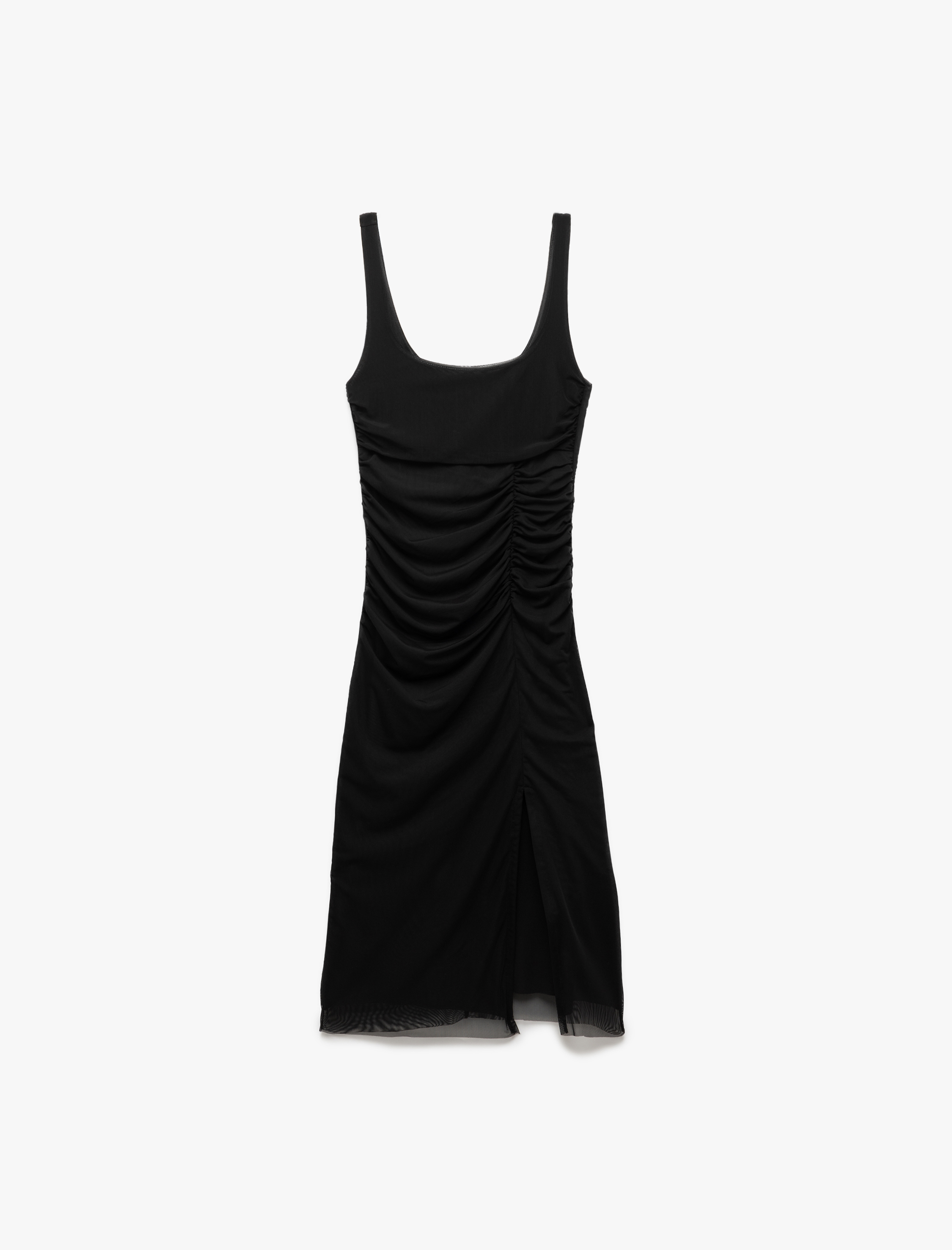   Astarlı Drape Detaylı Slim Fit Kare Yaka Askılı Midi Elbise