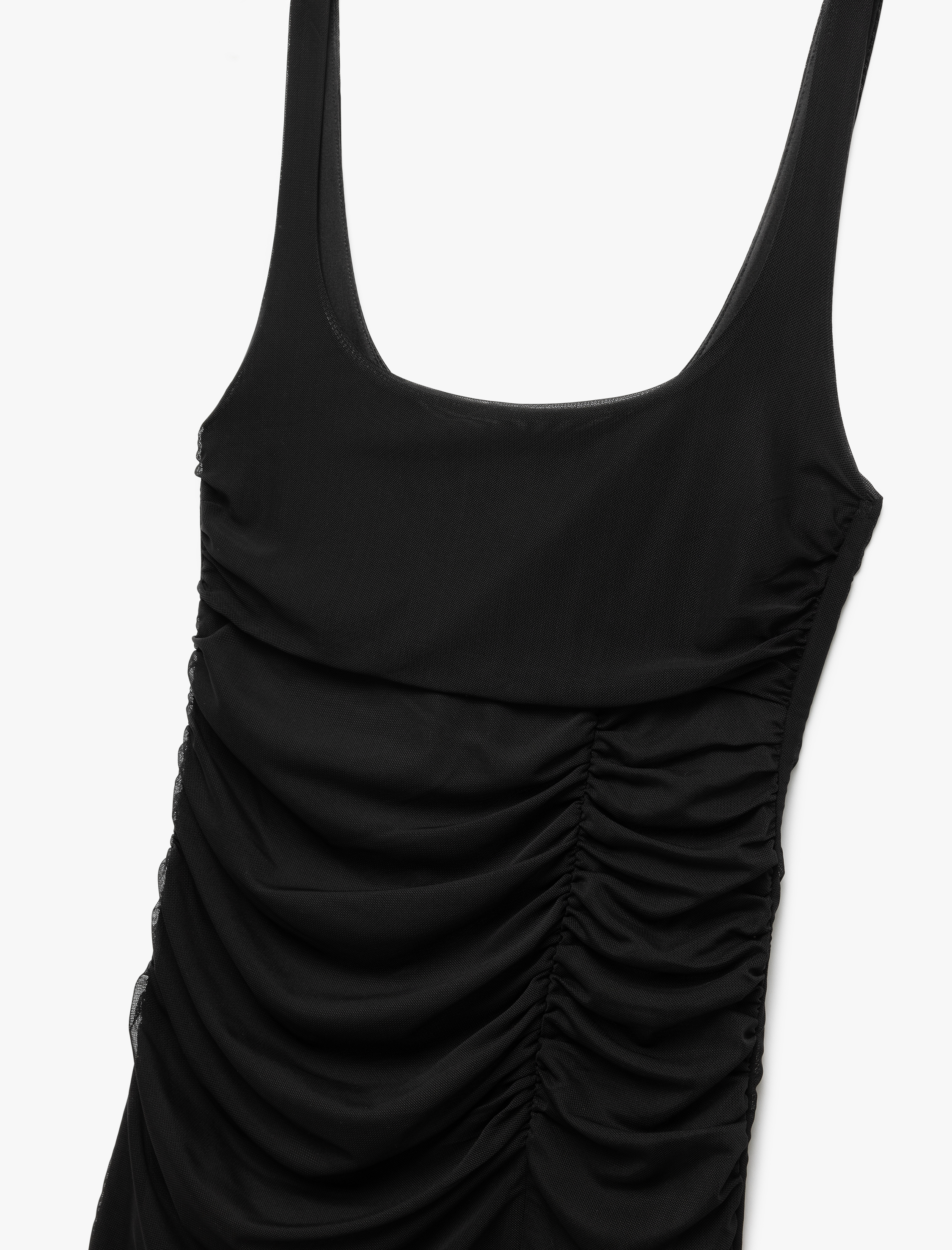   Astarlı Drape Detaylı Slim Fit Kare Yaka Askılı Midi Elbise