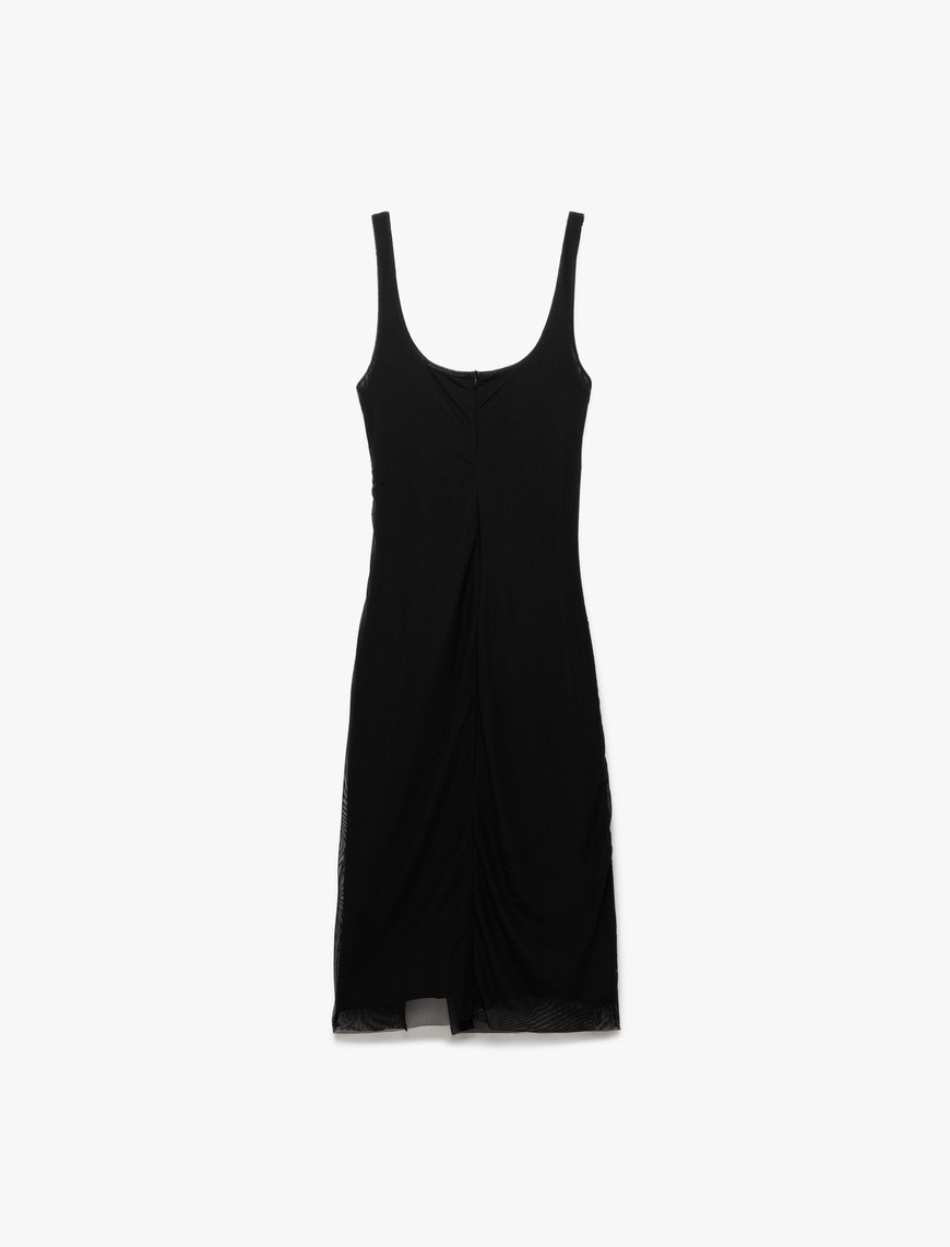   Astarlı Drape Detaylı Slim Fit Kare Yaka Askılı Midi Elbise