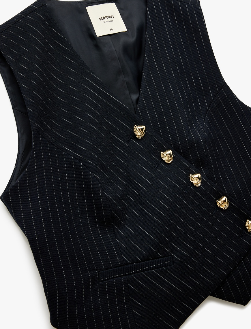   Kolsuz V Yaka Düğmeli Asimetrik Kesim Blazer Yelek