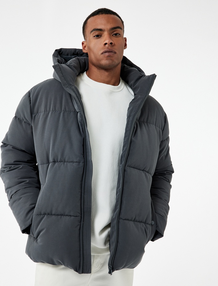  Uzun Kollu Kapüşonlu Fermuarlı Kışlık Şişme Mont