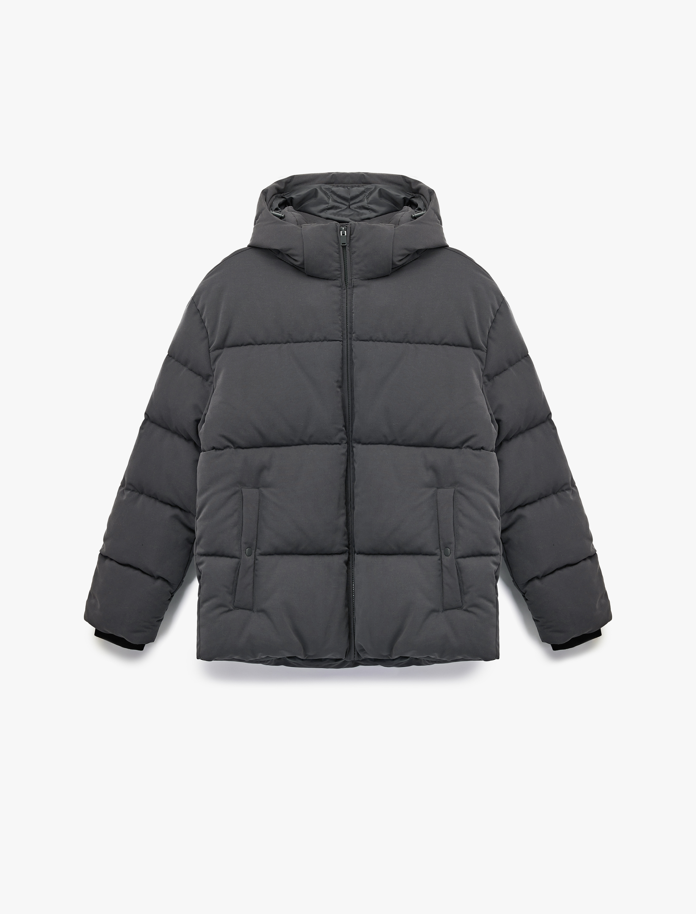   Uzun Kollu Kapüşonlu Fermuarlı Kışlık Şişme Mont