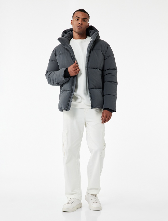  Uzun Kollu Kapüşonlu Fermuarlı Kışlık Şişme Mont