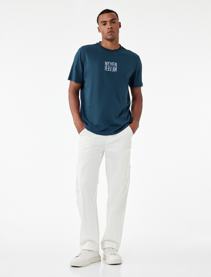  Pamuklu Kısa Kollu Bisiklet Yaka Baskılı Tişört