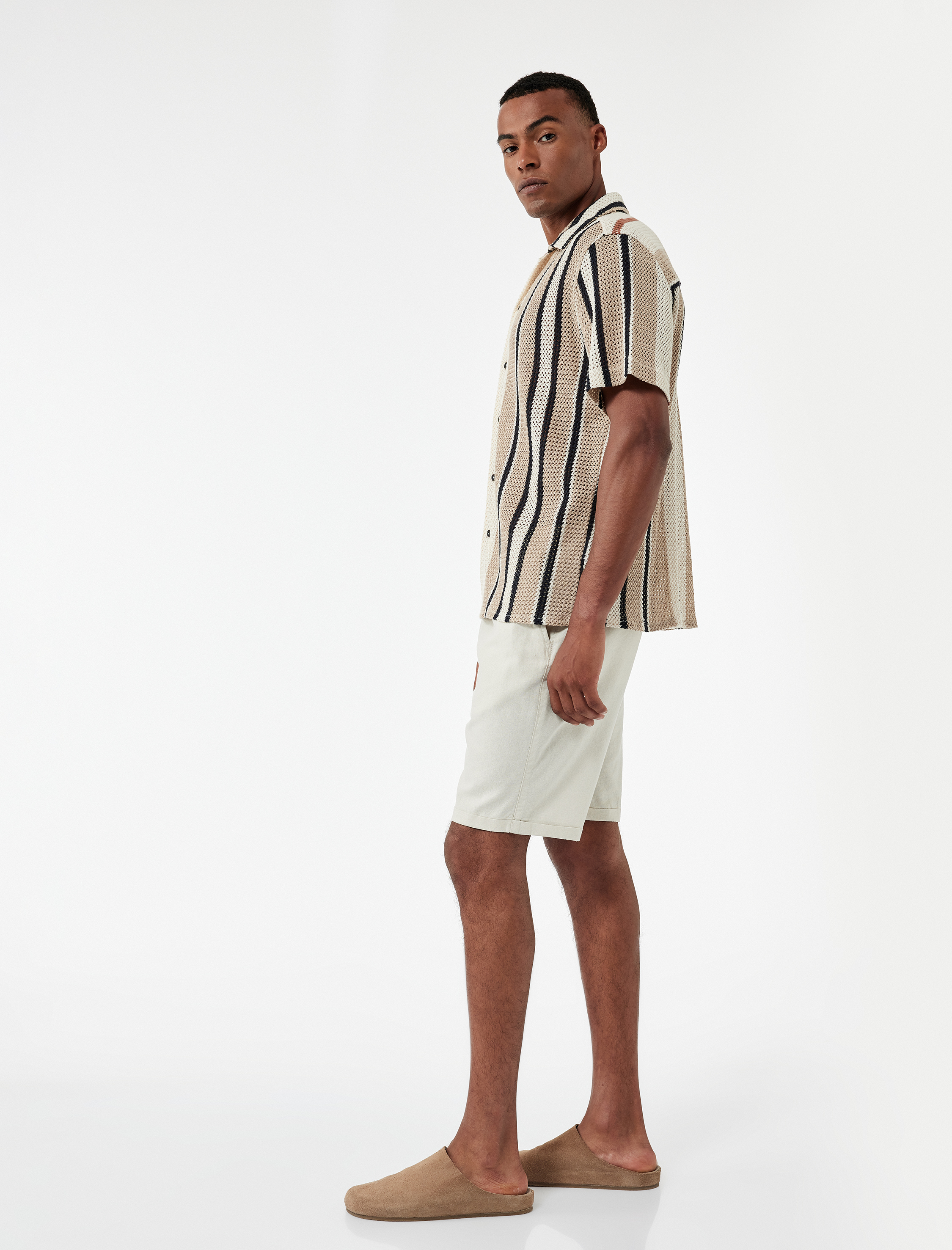   Pamuk Keten Karışımlı Beli Bağcıklı Bermuda Şort