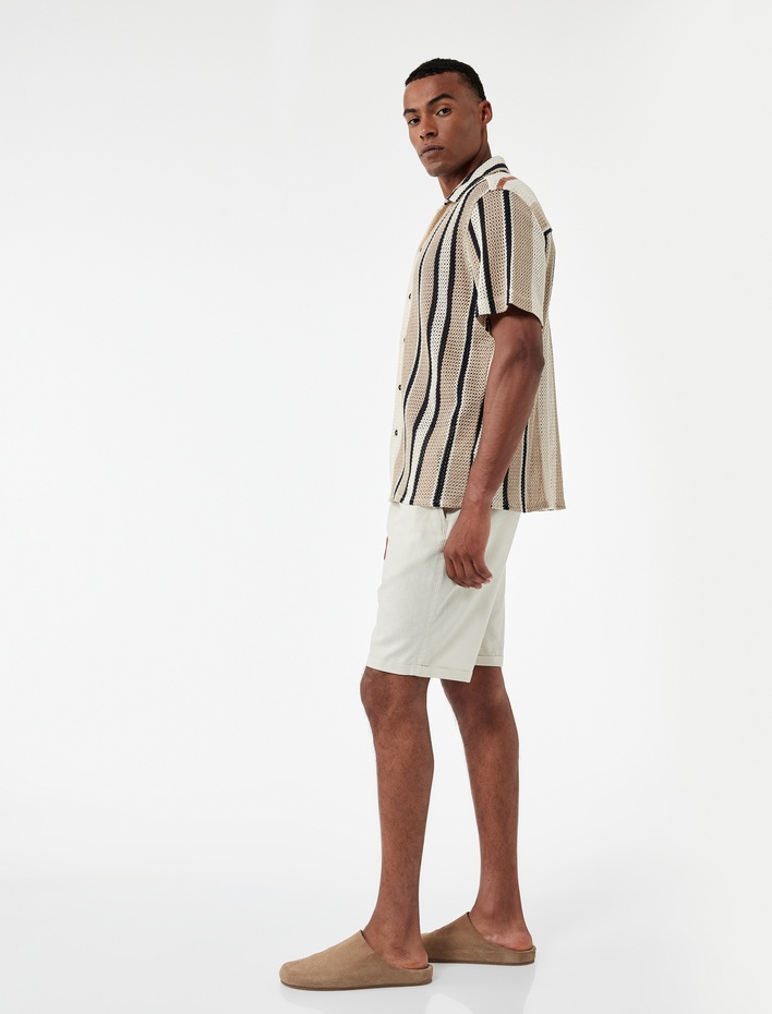  Pamuk Keten Karışımlı Beli Bağcıklı Bermuda Şort