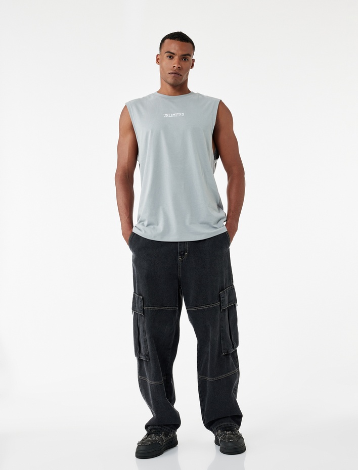  Pamuklu Bisiklet Yaka Kolsuz Arkası Baskılı Atlet