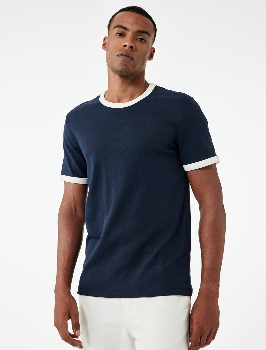   Kısa Kollu Bisiklet Yaka Tok Kumaş Renk Kontrastlı Pamuklu Slim Fit Tişört