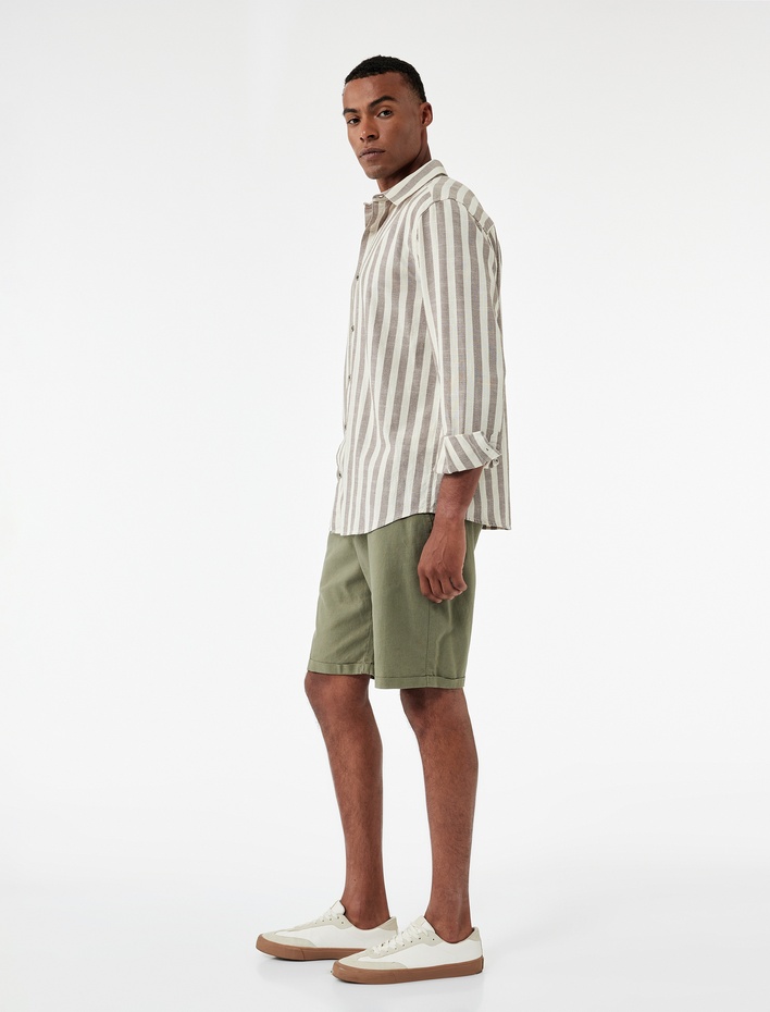  Pamuk Keten Karışımlı Beli Bağcıklı Bermuda Şort