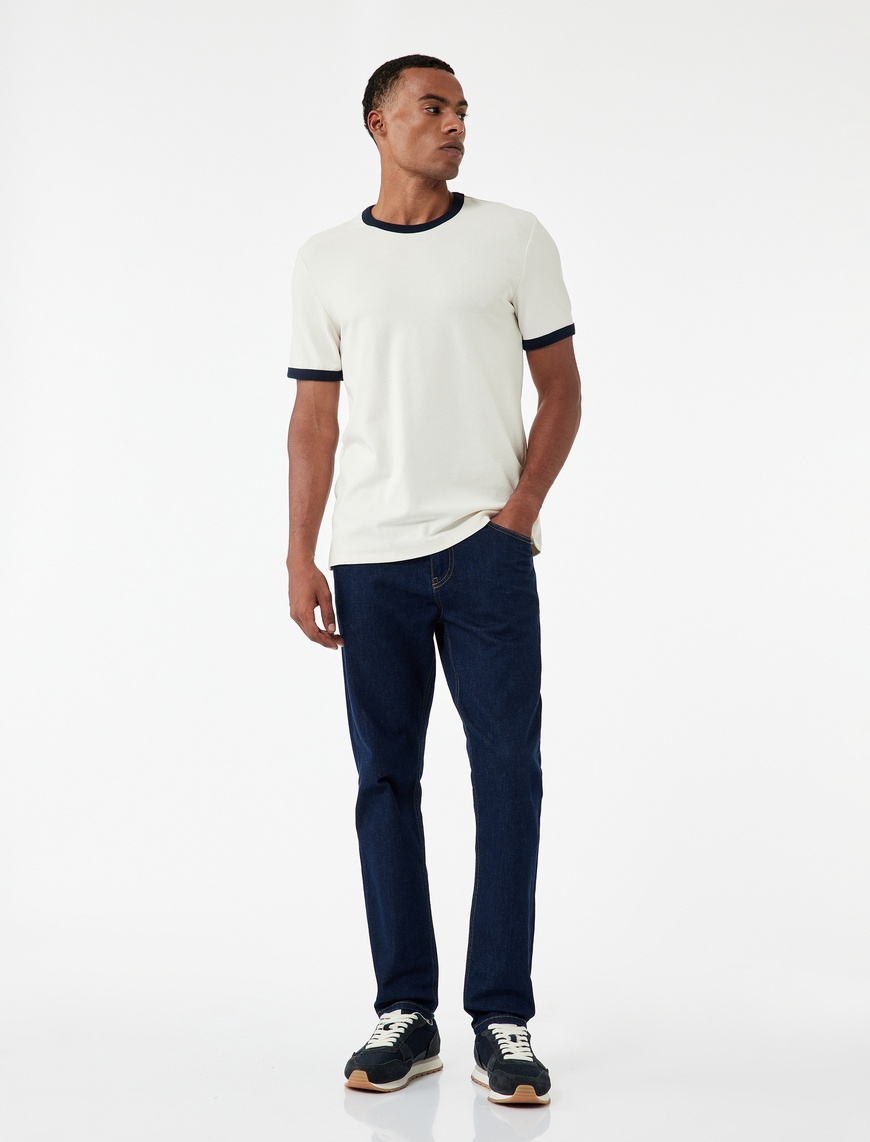   Kısa Kollu Bisiklet Yaka Tok Kumaş Renk Kontrastlı Pamuklu Slim Fit Tişört