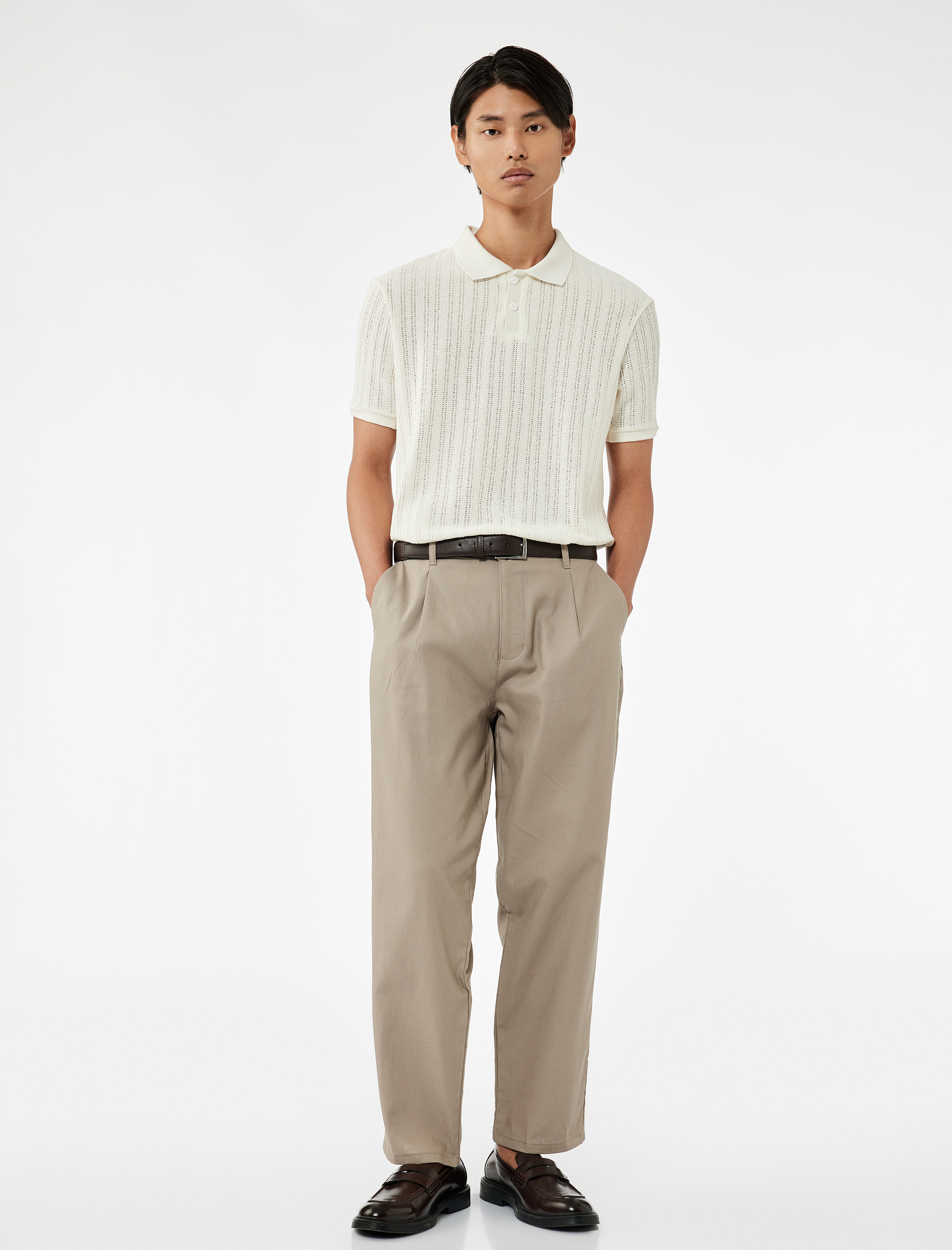 Cep Detaylı Düğmeli Pamuk Keten Karışımlı Pileli Kumaş Pantolon