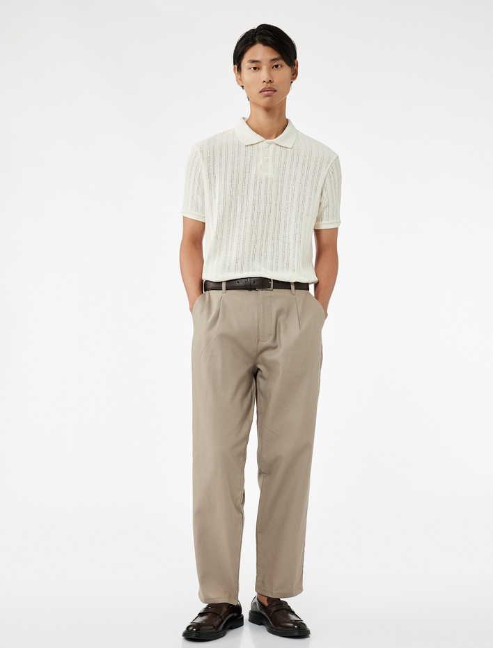  Cep Detaylı Düğmeli Pamuk Keten Karışımlı Pileli Kumaş Pantolon