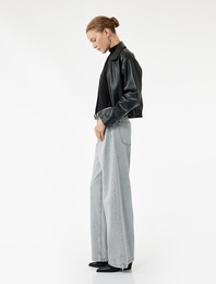 Normal Bel Düğmeli Cepli Pamuklu Geniş Paça Jean Pantolon - Bianca Wide Leg Jeans