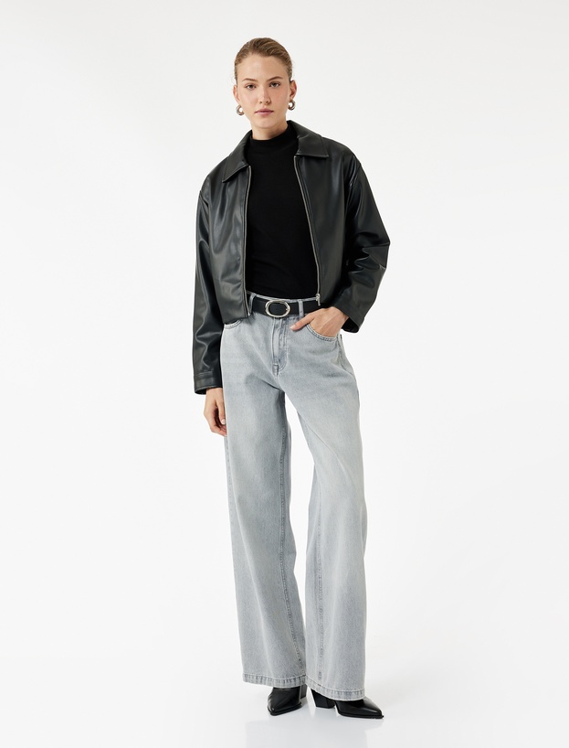 Normal Bel Düğmeli Cepli Pamuklu Geniş Paça Jean Pantolon - Bianca Wide Leg Jeans_1