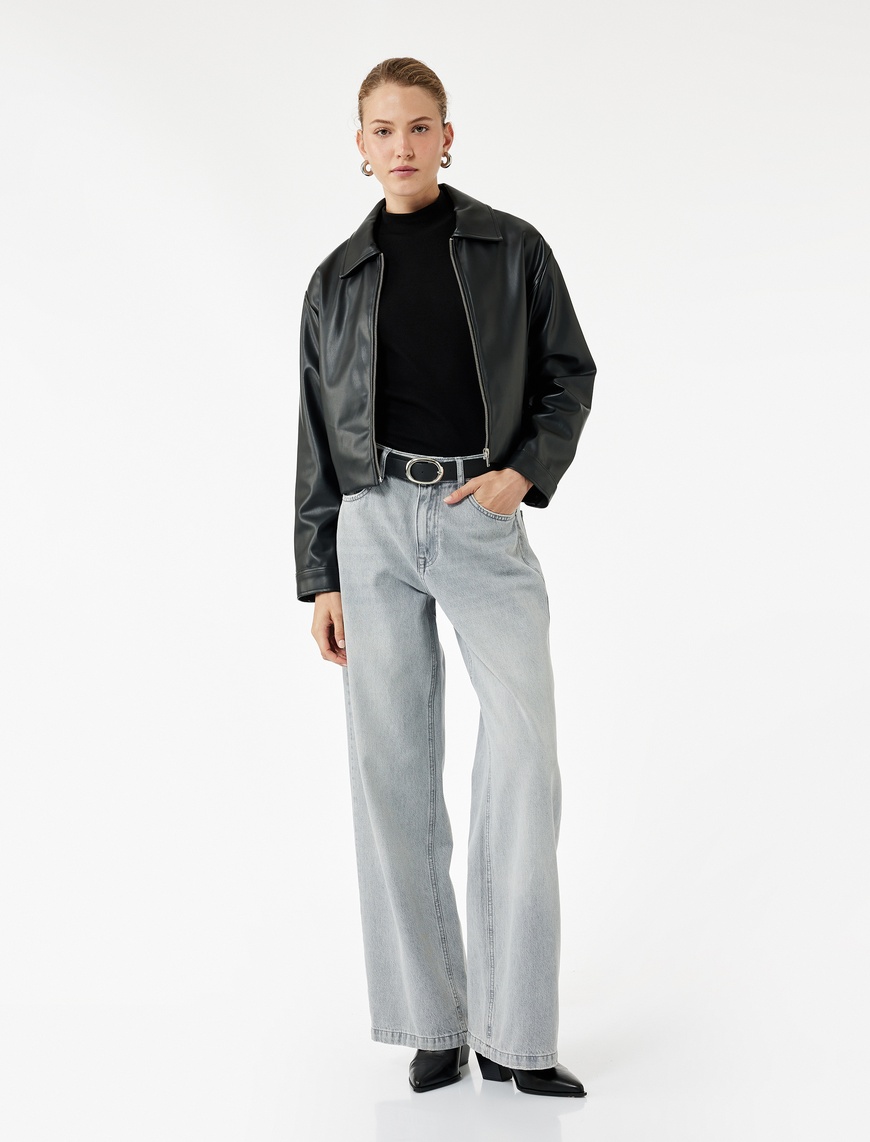   Normal Bel Düğmeli Cepli Pamuklu Geniş Paça Jean Pantolon - Bianca Wide Leg Jeans
