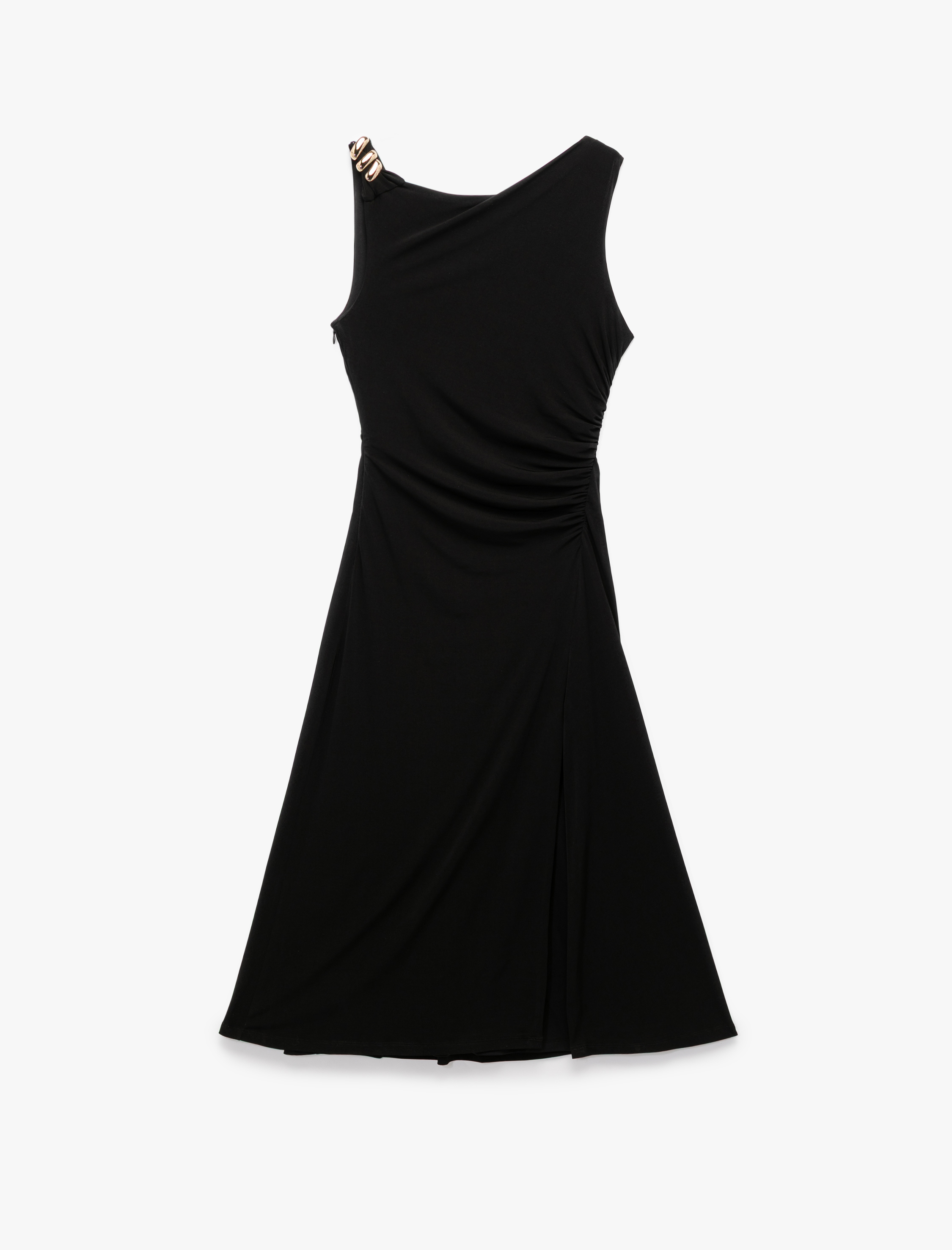   Degaje Yaka Kolsuz Metal Aksesuarlı Parlak Uzun Abiye Elbise