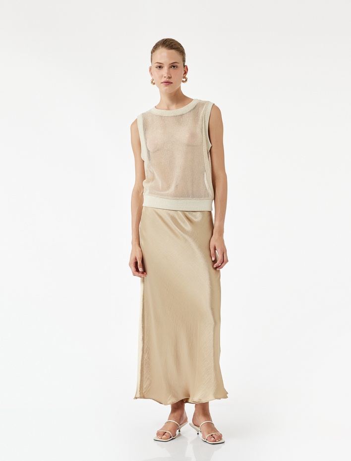  Rahat Kalıp Midi Kloş Saten Etek
