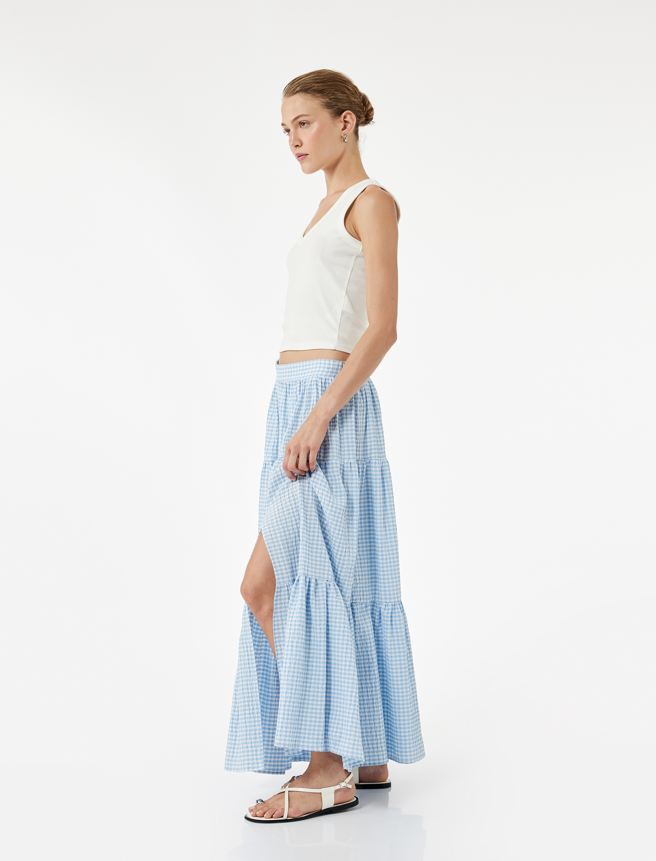   Rahat Kalıp Katlı Pötikareli Midi Kloş Etek