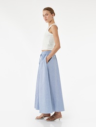 Rahat Kalıp Pamuk Keten Karışımlı Fiyonklu Beli Lastikli Kloş Midi Etek