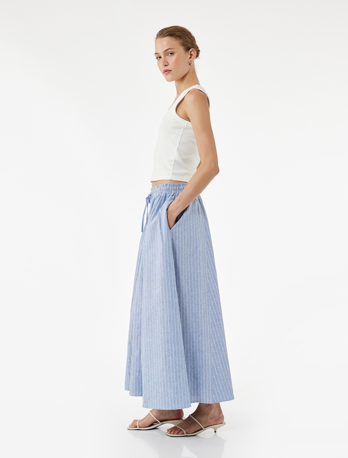  Rahat Kalıp Pamuk Keten Karışımlı Fiyonklu Beli Lastikli Kloş Midi Etek