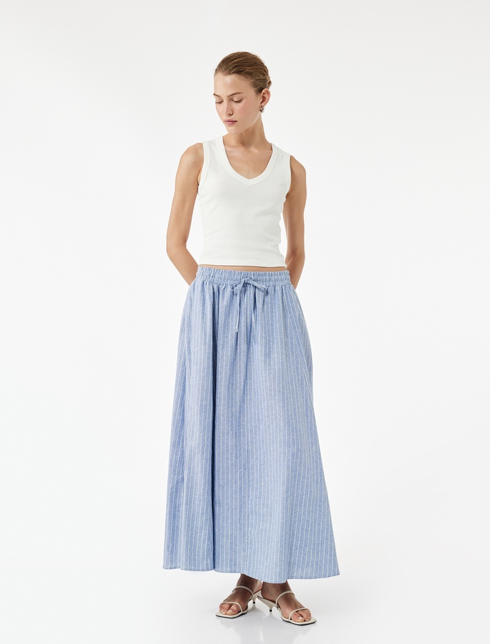  Rahat Kalıp Pamuk Keten Karışımlı Fiyonklu Beli Lastikli Kloş Midi Etek