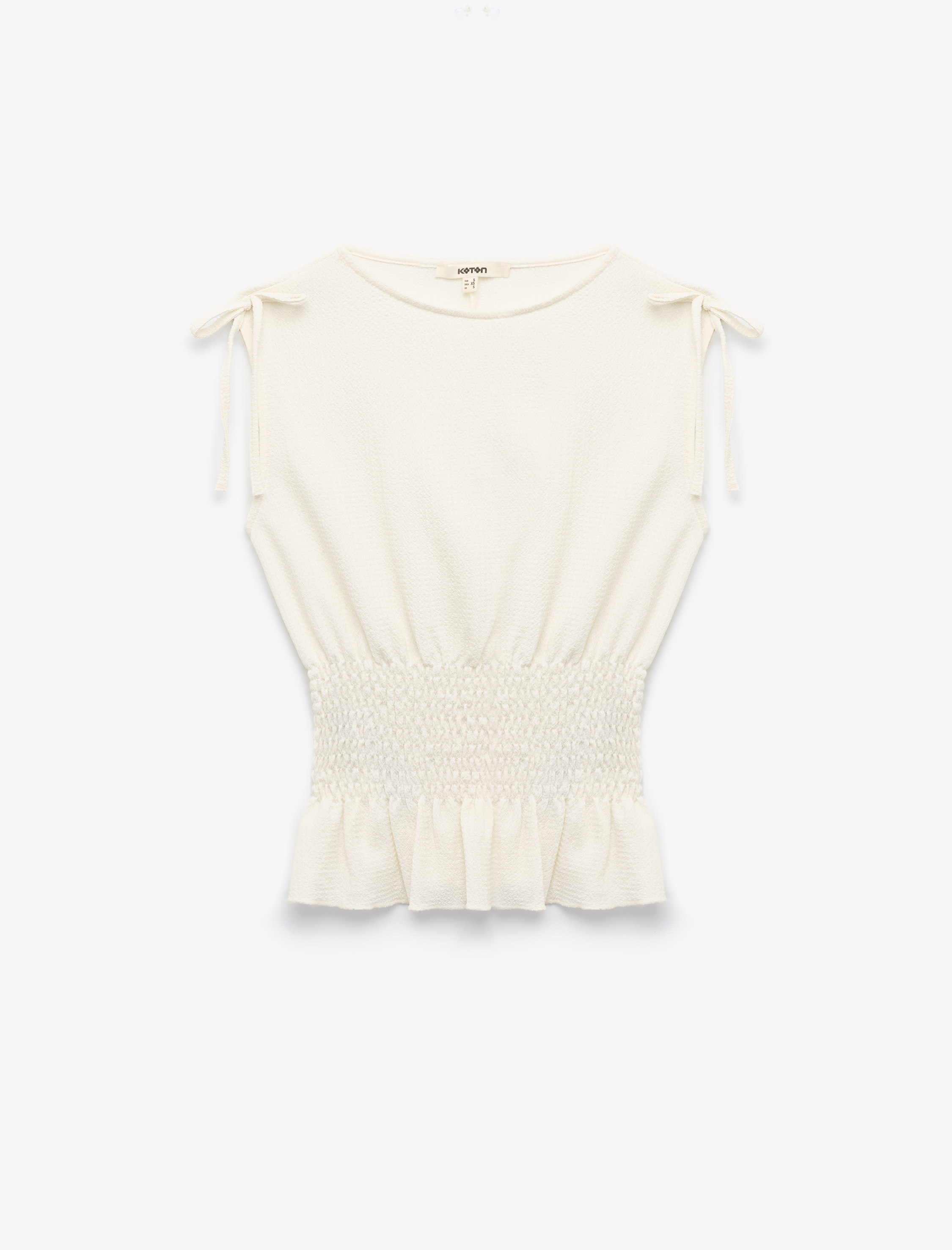   Bürümcük Kumaş Gipeli Fiyonk Detaylı Kolsuz Bisiklet Yaka Bluz