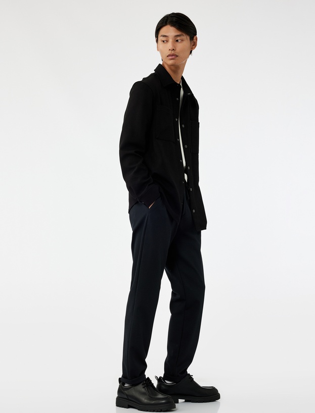 Beli Bağcıklı Düğmeli Pike Kumaş Cep Detaylı Duble Paça Slim Fit Pantolon_0