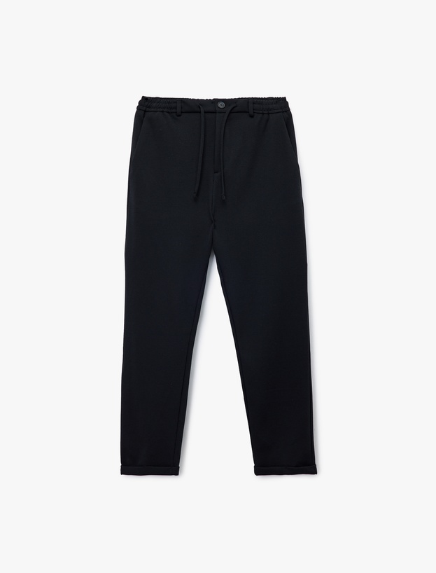 Beli Bağcıklı Düğmeli Pike Kumaş Cep Detaylı Duble Paça Slim Fit Pantolon_2