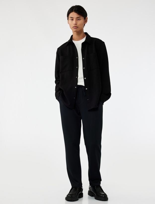 Beli Bağcıklı Düğmeli Pike Kumaş Cep Detaylı Duble Paça Slim Fit Pantolon_1