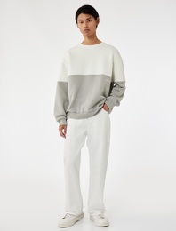 Oversize Uzun Kollu Renk Bloklu Baskı Detaylı Şardonlu Bisiklet Yaka Sweatshirt