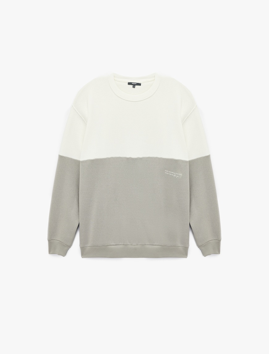   Oversize Uzun Kollu Renk Bloklu Baskı Detaylı Şardonlu Bisiklet Yaka Sweatshirt
