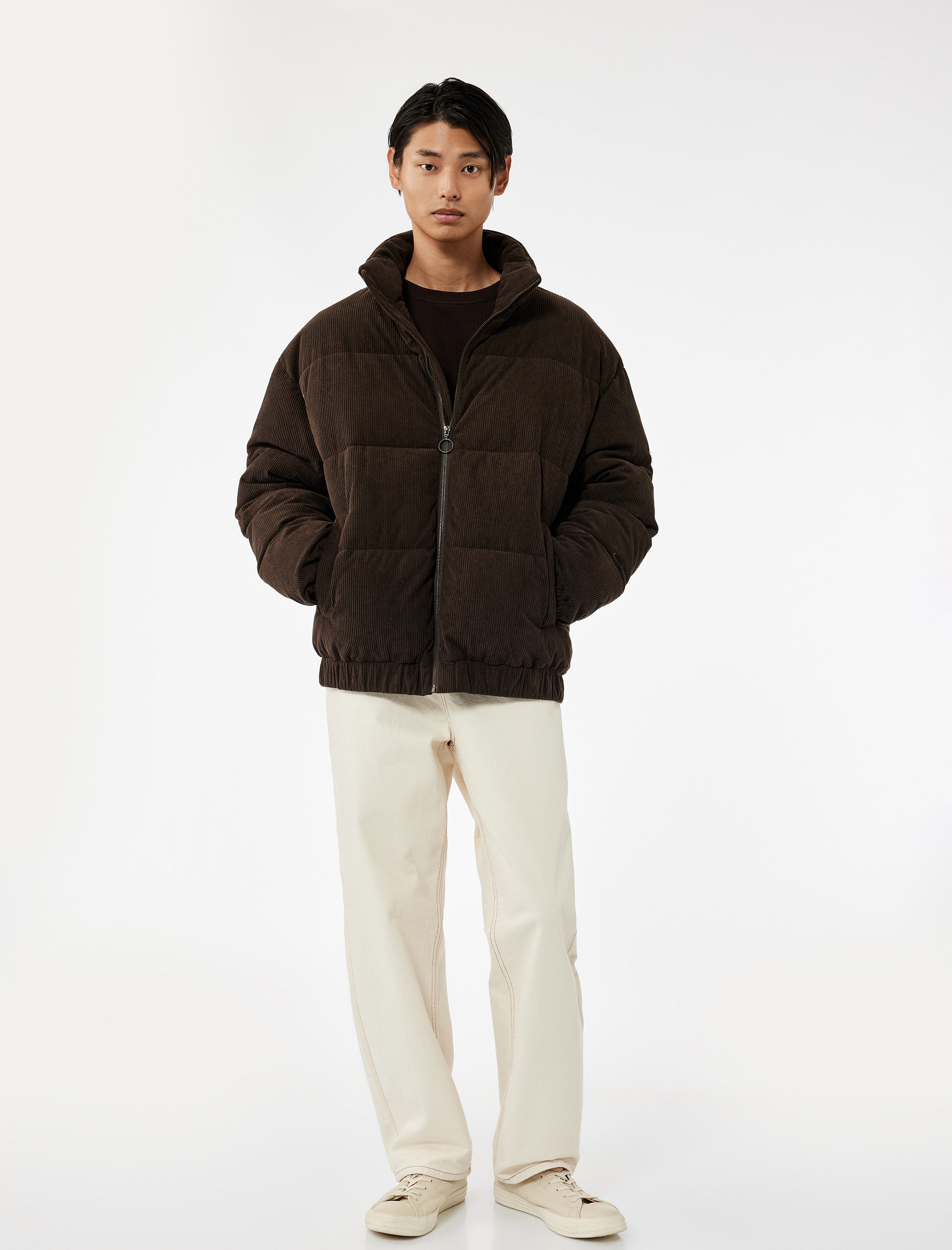   Dik Yaka Uzun Kollu Cep Detaylı Fermuarlı Fitilli Kadife Kışlık Şişme Mont