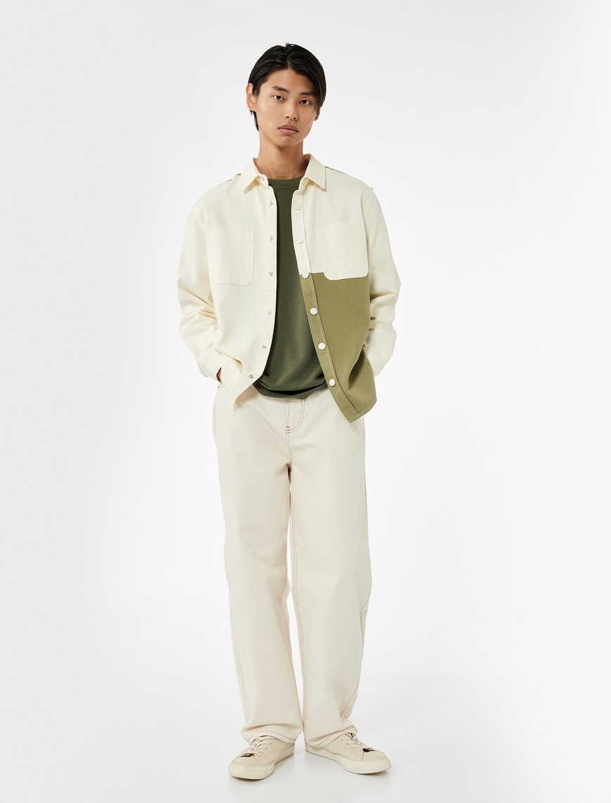   Regular Fit Renk Kontrastlı Pamuklu Gabardin Uzun Kollu Klasik Yaka Gömlek